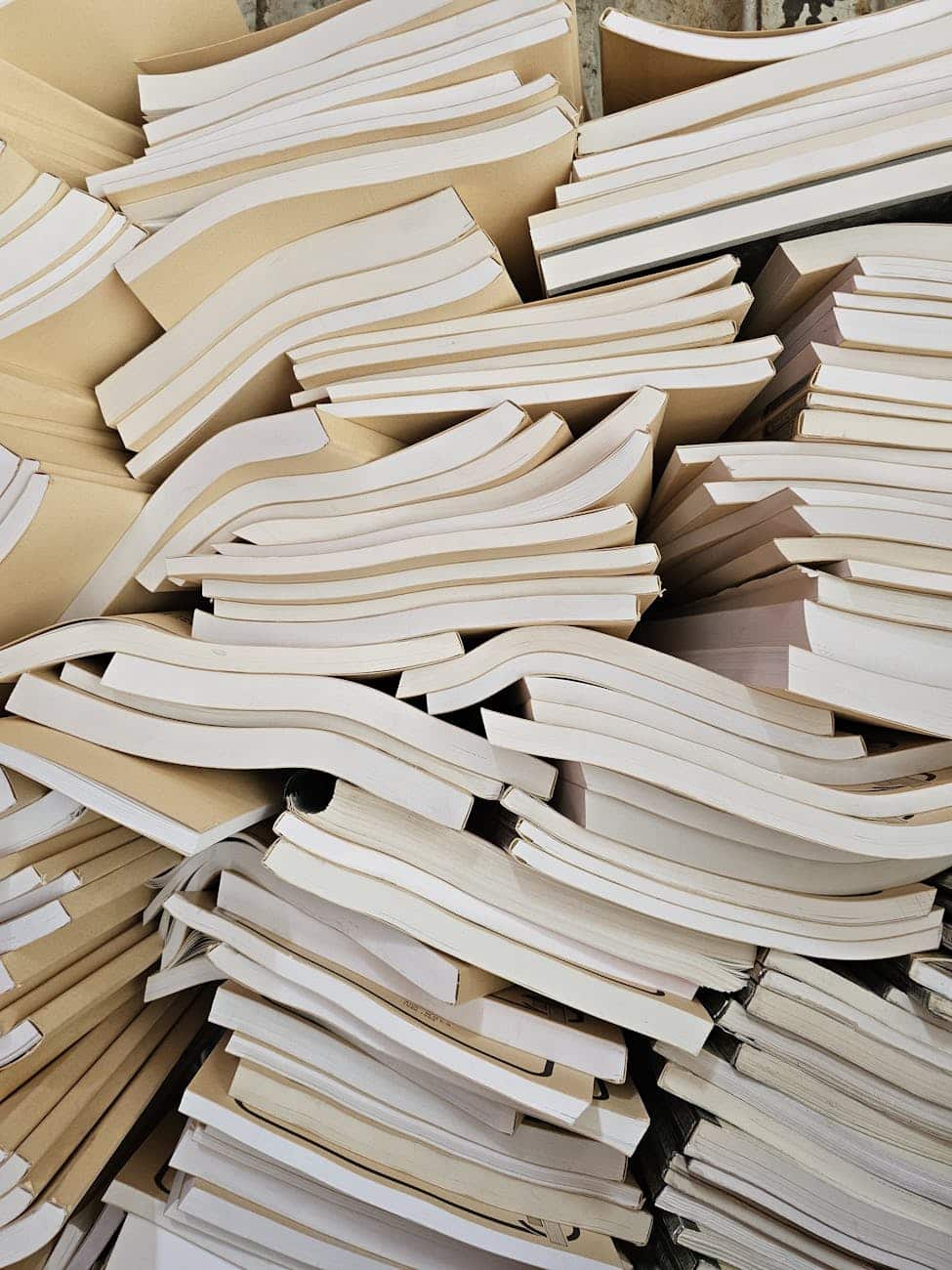stack of unorganized books with white covers