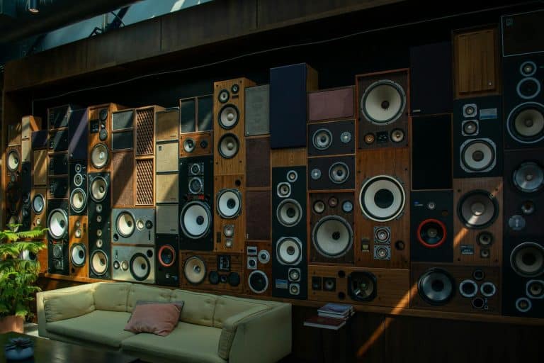 wall of vintage speakers in modern living room